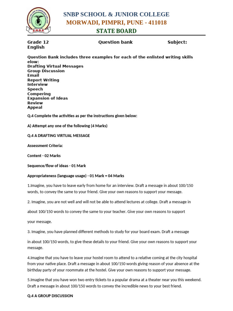 Grade 12 English Writing Skills Question Bank | PDF | Novels | Dr. Watson