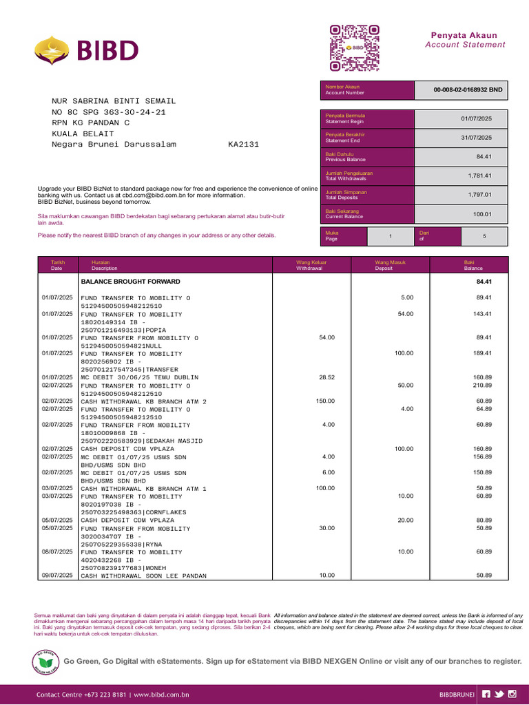 BIBD Account Statement July 2025 | PDF | Cheque | Banking Technology