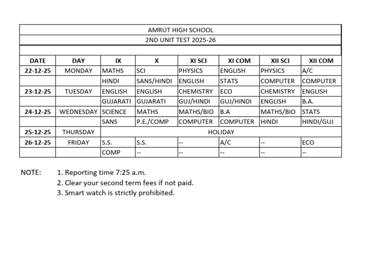 Amrut High School 2nd Unit Test Schedule | PDF