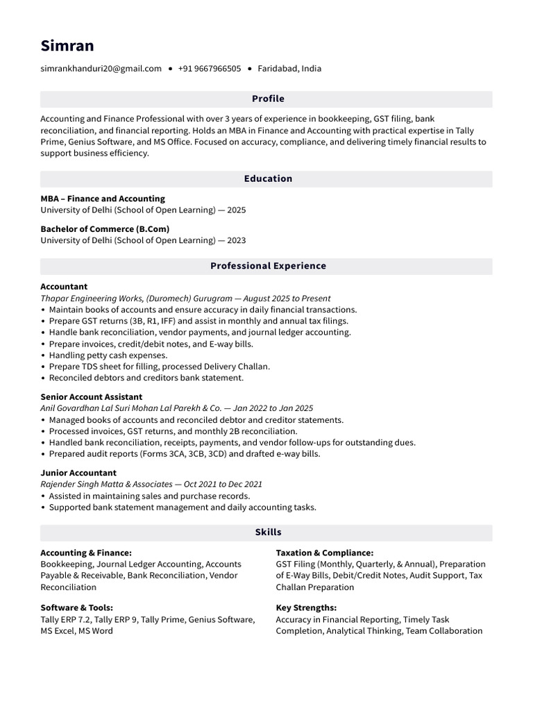 Simran CV | PDF | Bookkeeping | Debits And Credits