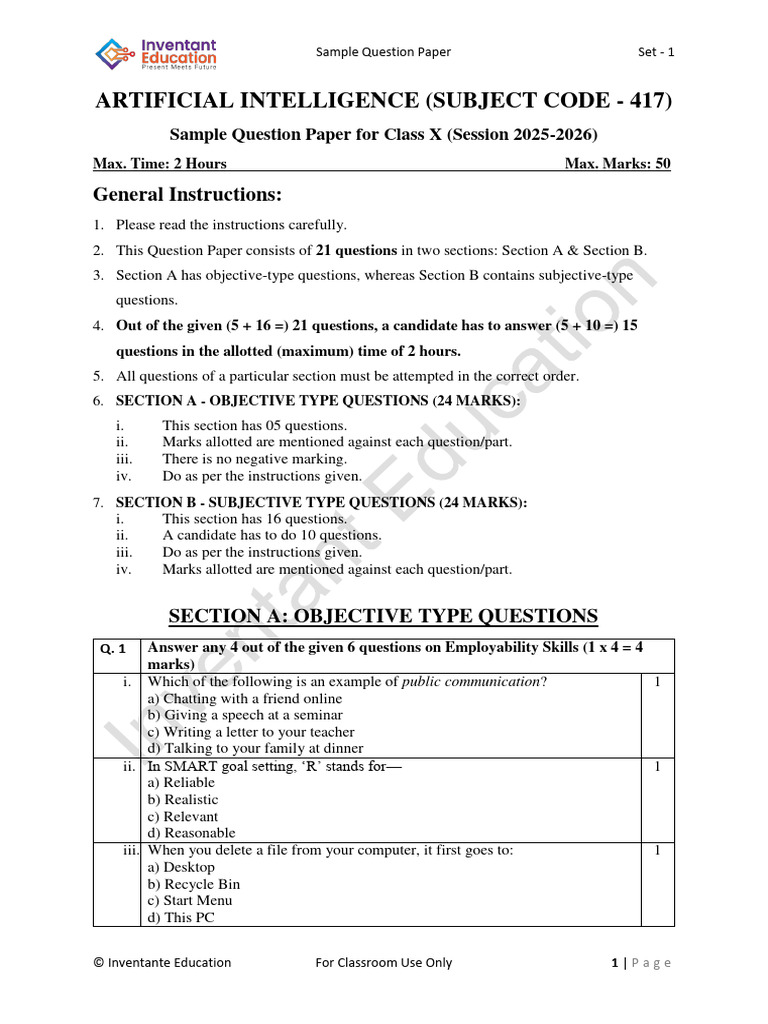 Class X AI Sample Question Paper 2025 | PDF | Artificial Intelligence ...