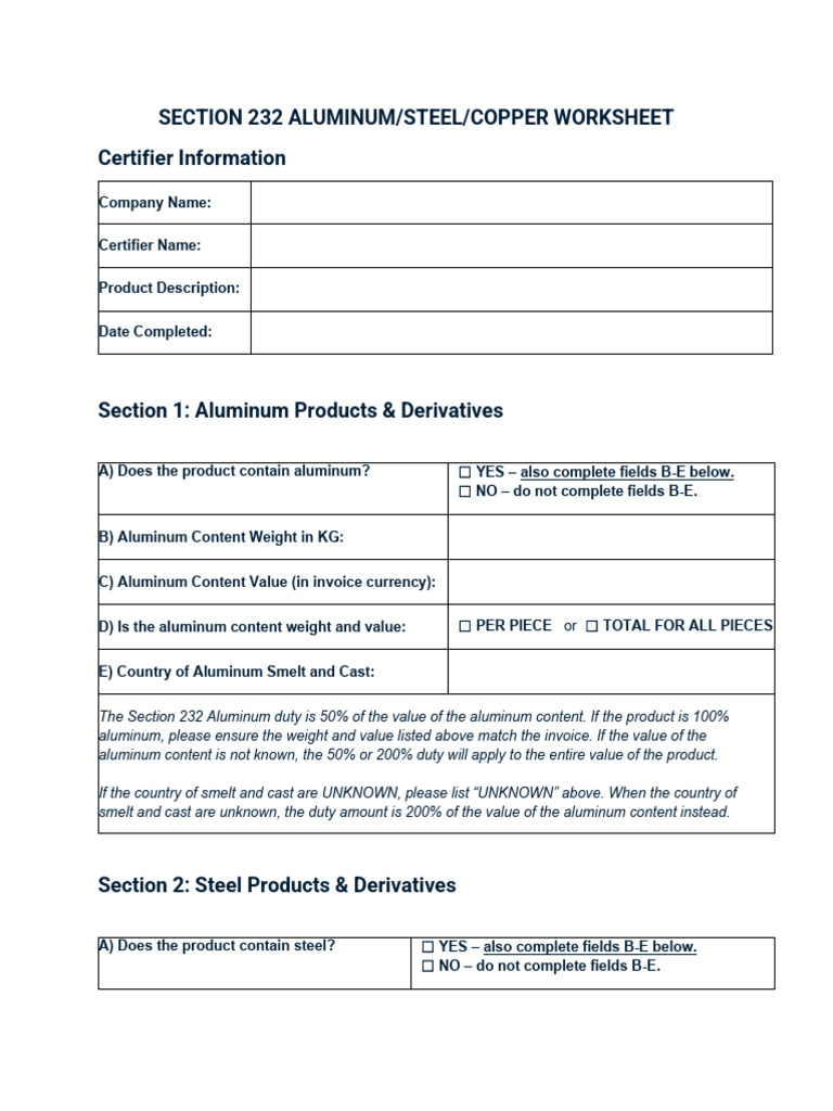 Section 232 Duty Calculation Worksheet | PDF | Steel | Copper