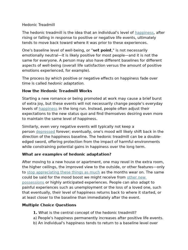 Understanding the Hedonic Treadmill | PDF | Happiness | Hedonism