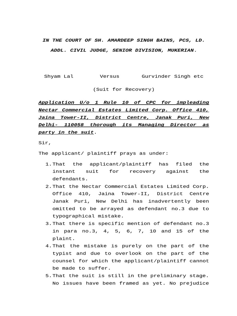M.S. Kala, Adv. App Uo 1 Rule 10 of Shyam Lal vs Gurvinder S Etc. | PDF ...