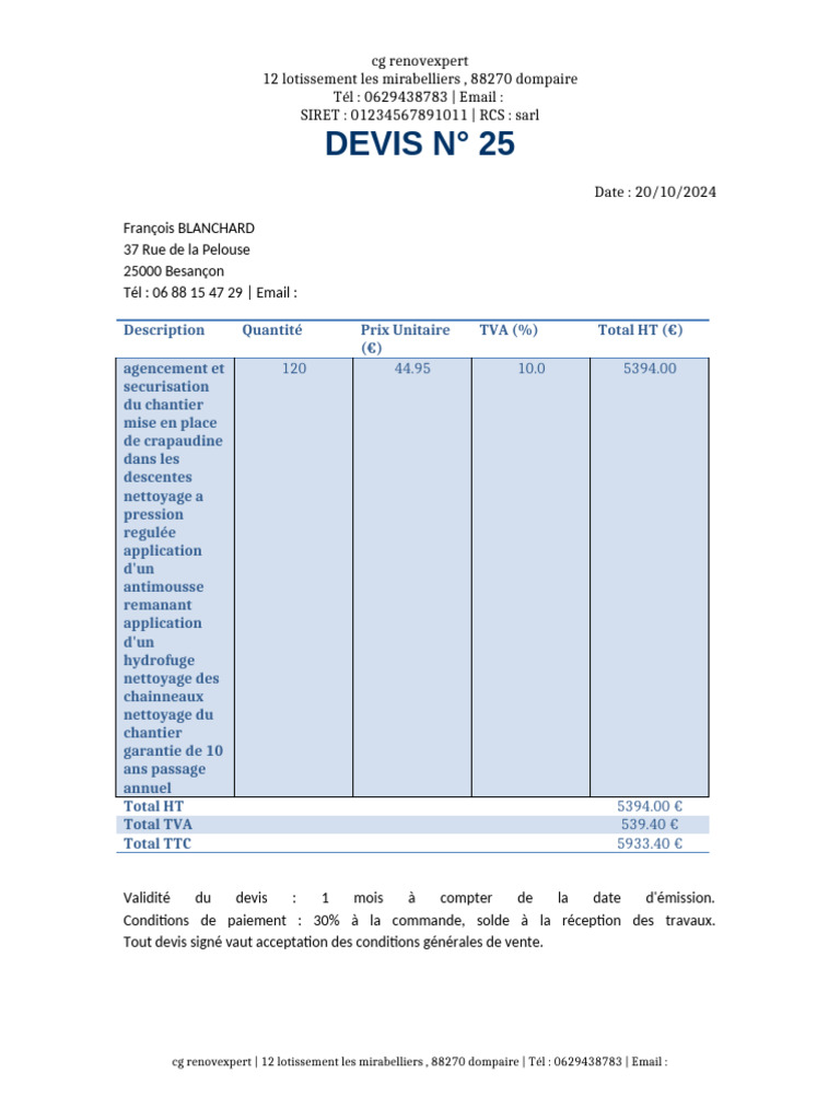 Devis travaux rénovation 5933,40 € | PDF