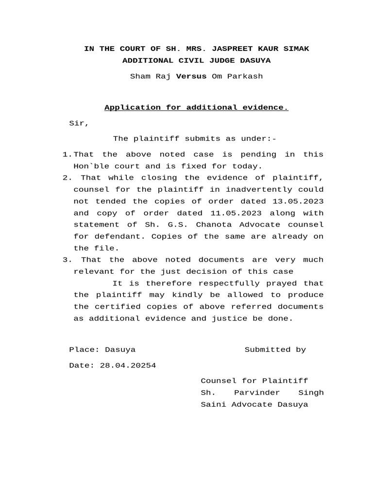 Application Sham Raj Versus Om Parkash | PDF