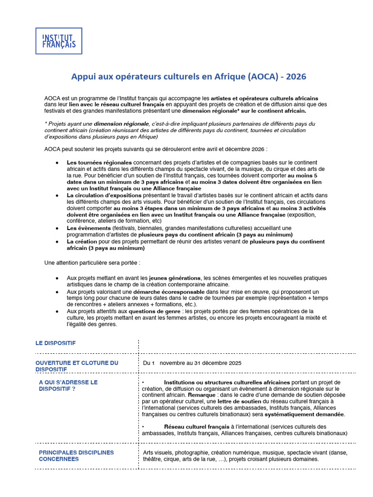 Soutien Aux Projets Culturels En Afrique 2026 PDF Arts Afrique