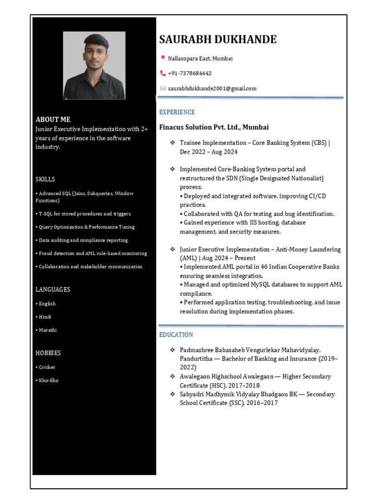 Banking Oprations AML CBS Analyst Resume 3years | PDF | Data Management ...