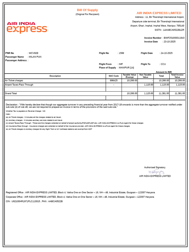 Air India Express Bill of Supply | PDF | Economies | Public Finance