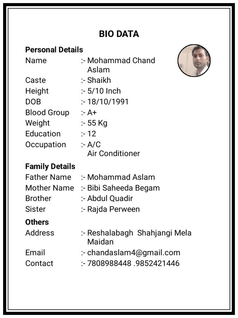 Personal Bio Data of Mohammad Chand | PDF