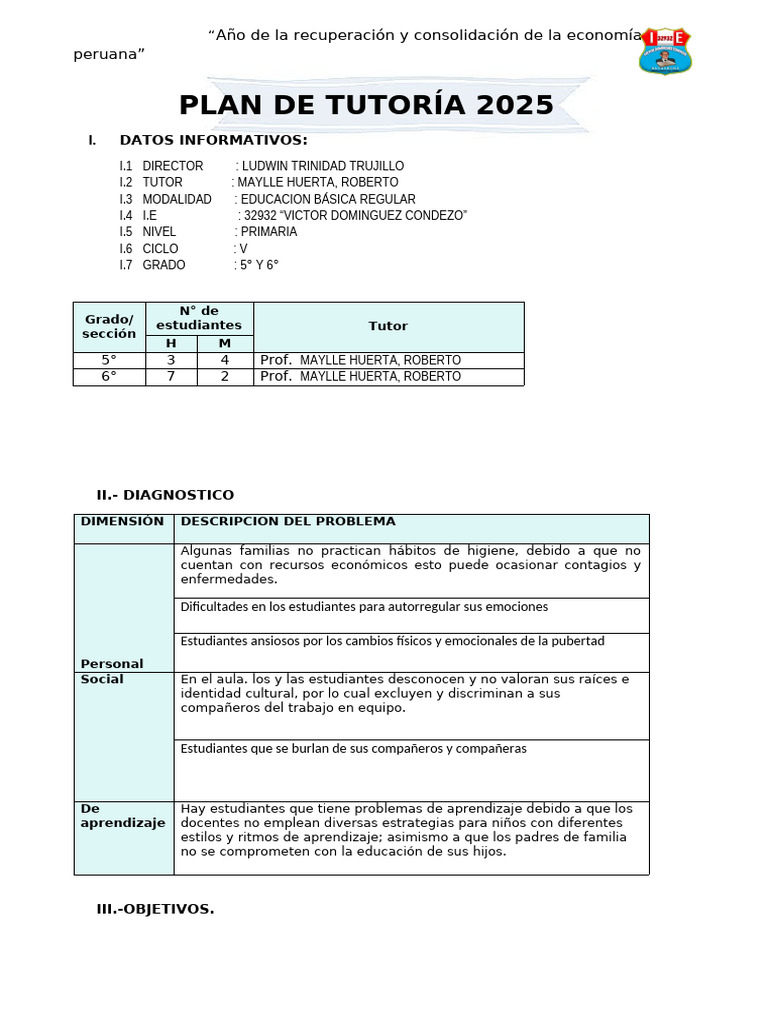 Plan de Tutoría 2025 32932 | PDF | Educación primaria | Aprendizaje