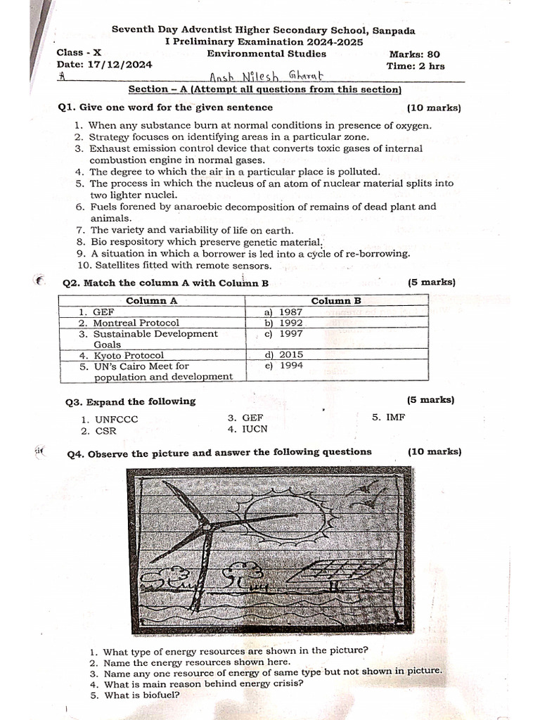 10th Icse Evs Paper 1 Preliminary 24-25 | PDF