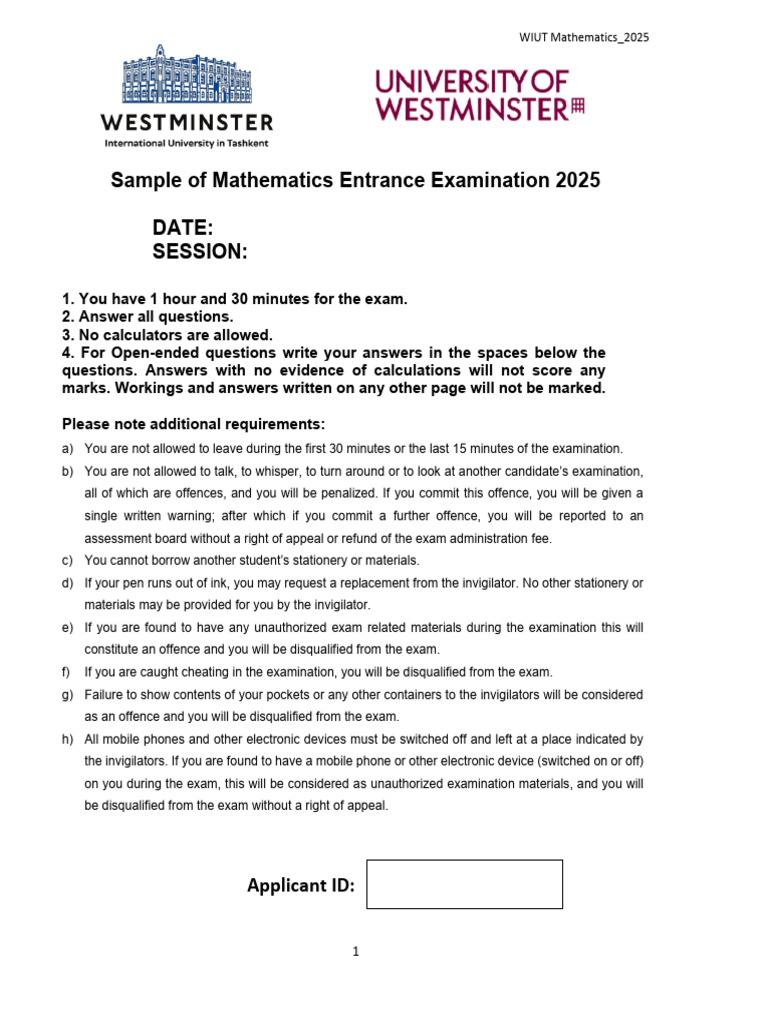 Mathematics Entrance Exam 2025 Sample | PDF | Area | Circle