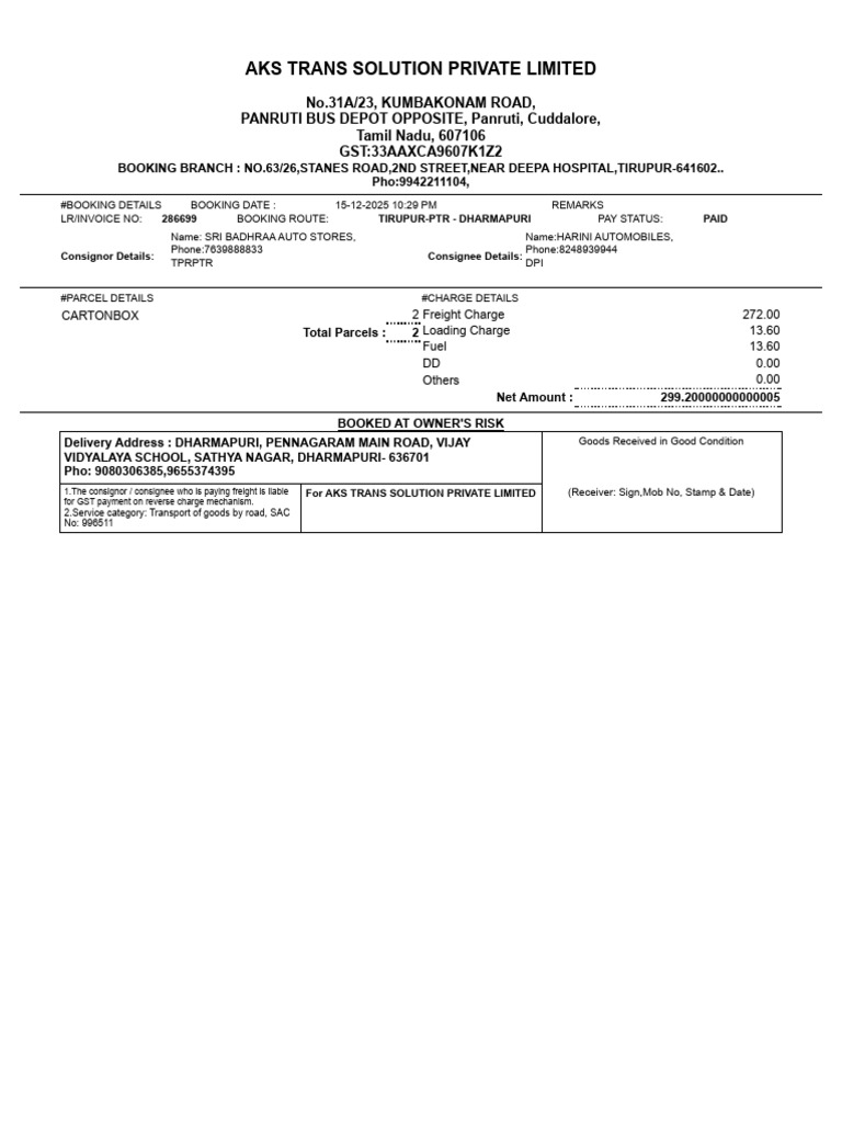 AKS Trans Solution Booking Details | PDF | Transport