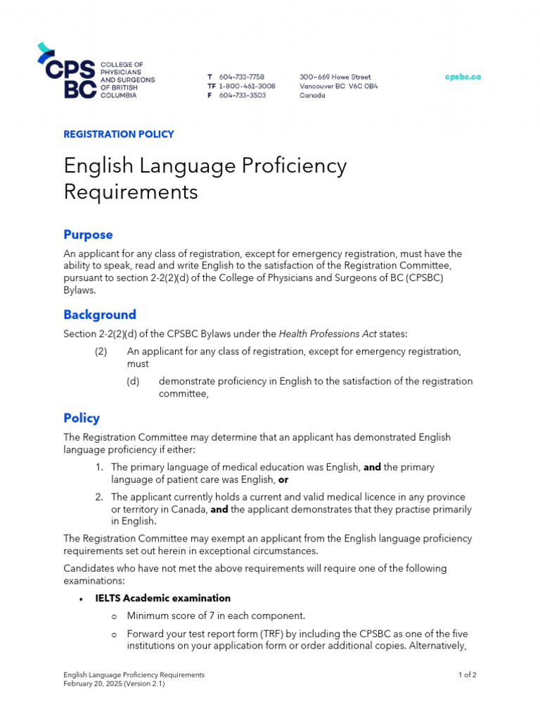 English Proficiency Requirements for Registration | PDF | International ...