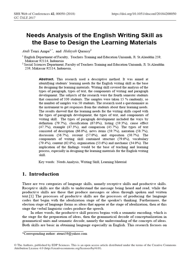 Needs Analysis of the English Writing Skill as The | PDF | Learning ...