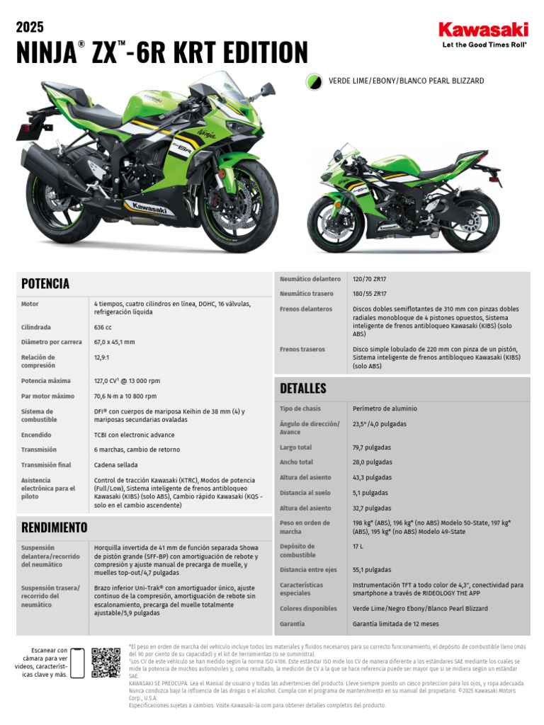 Especificaciones Kawasaki Ninja ZX-6R 2025 | PDF | Sistema de