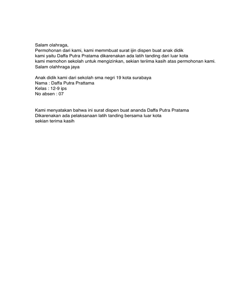 Surat Izin Dispen Latih Tanding Daffa | PDF