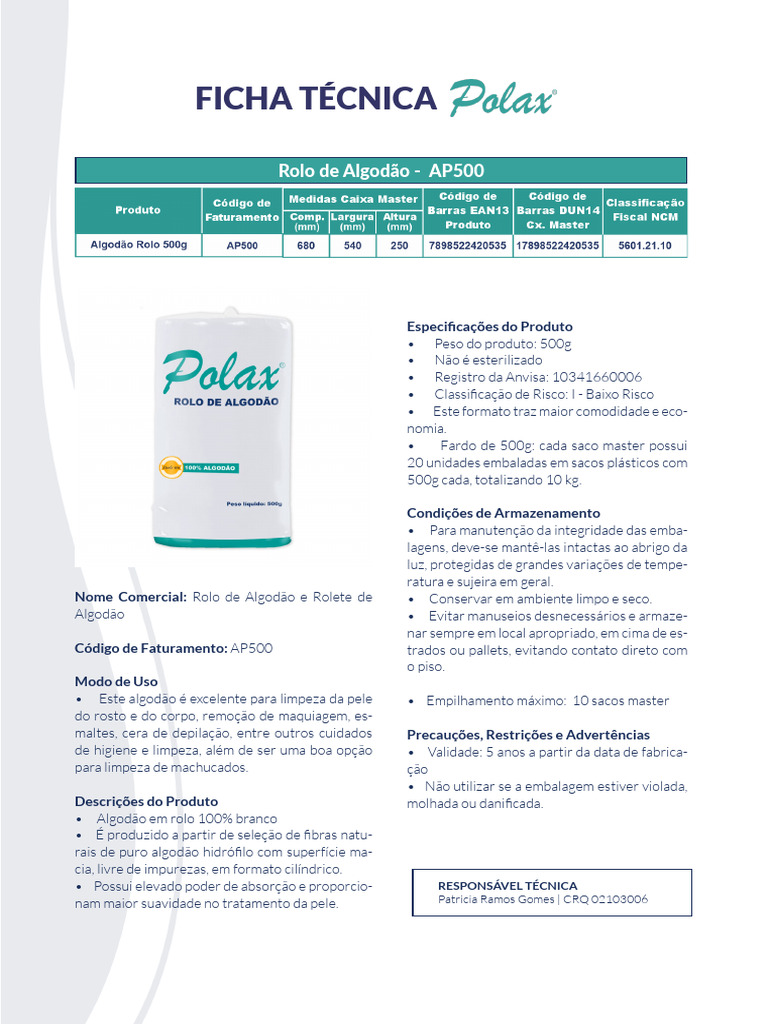 Rolo de Algodão AP500: Uso e Especificações | PDF | Algodão