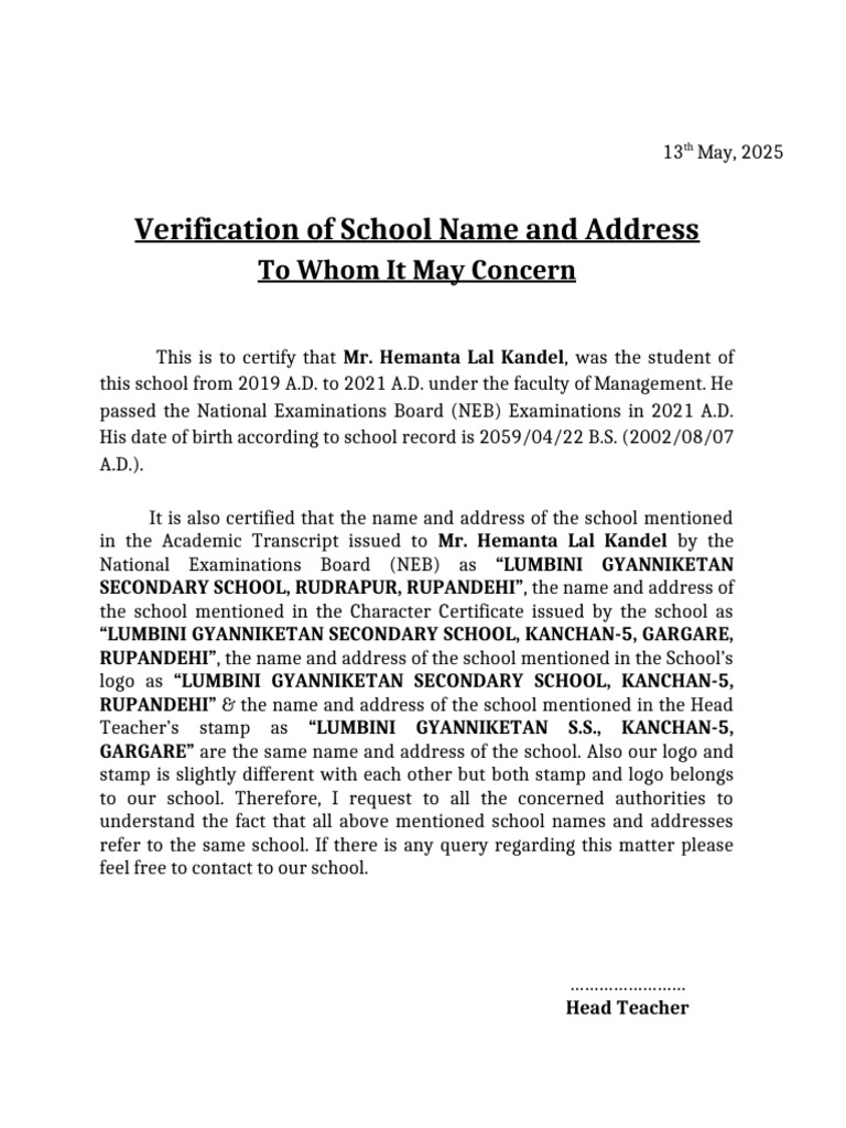 Hemanta Kandel School Address | PDF