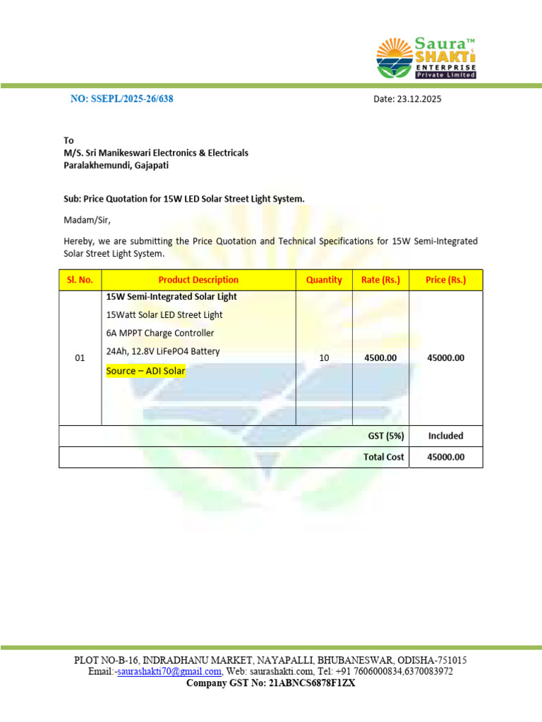 Price Quotation for 15W Solar Street Light | PDF