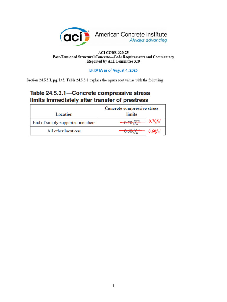 ACI CODE-320-25 Errata Update | PDF