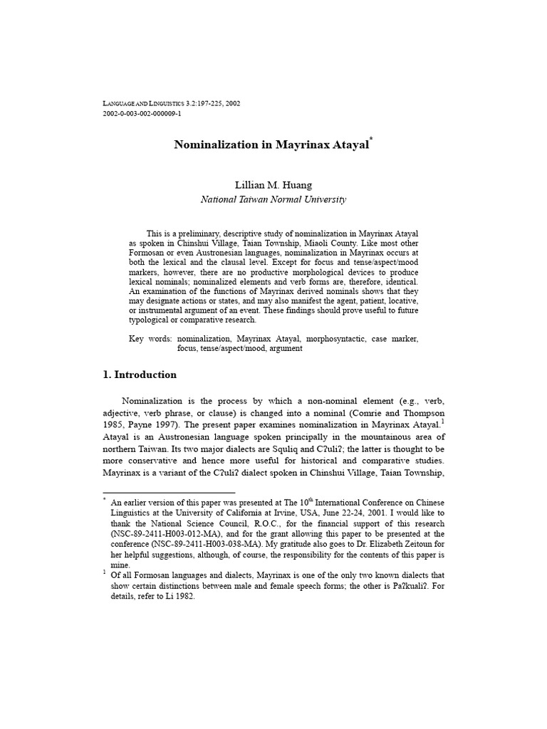 Nominalization in Mayrinax Atayal Language | PDF | Grammatical Tense ...