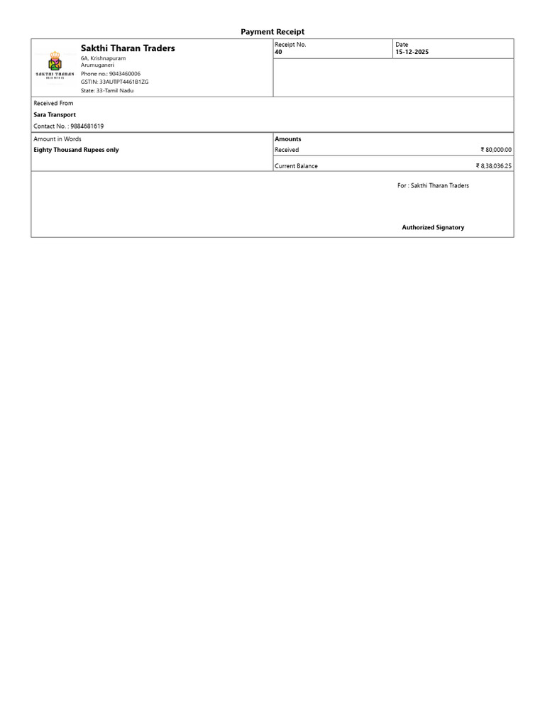 Payment Receipt for Sakthi Tharan Traders | PDF