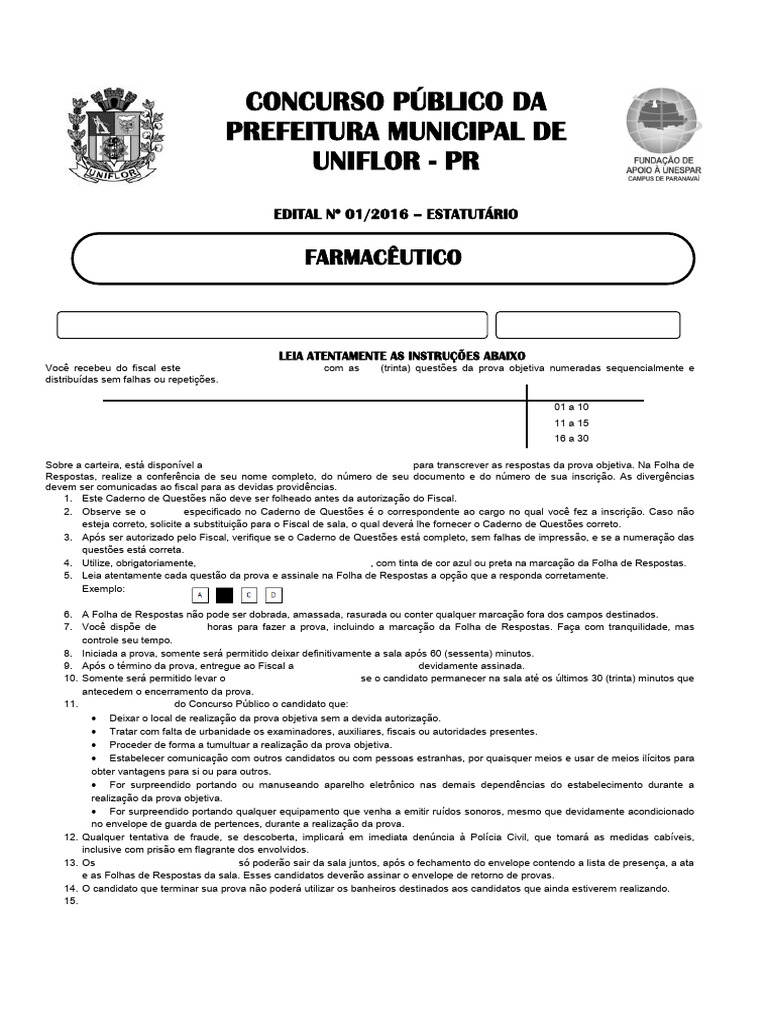 Instruções Concurso Uniflor - Farmacêutico | PDF | Morcego | Farmacêutico