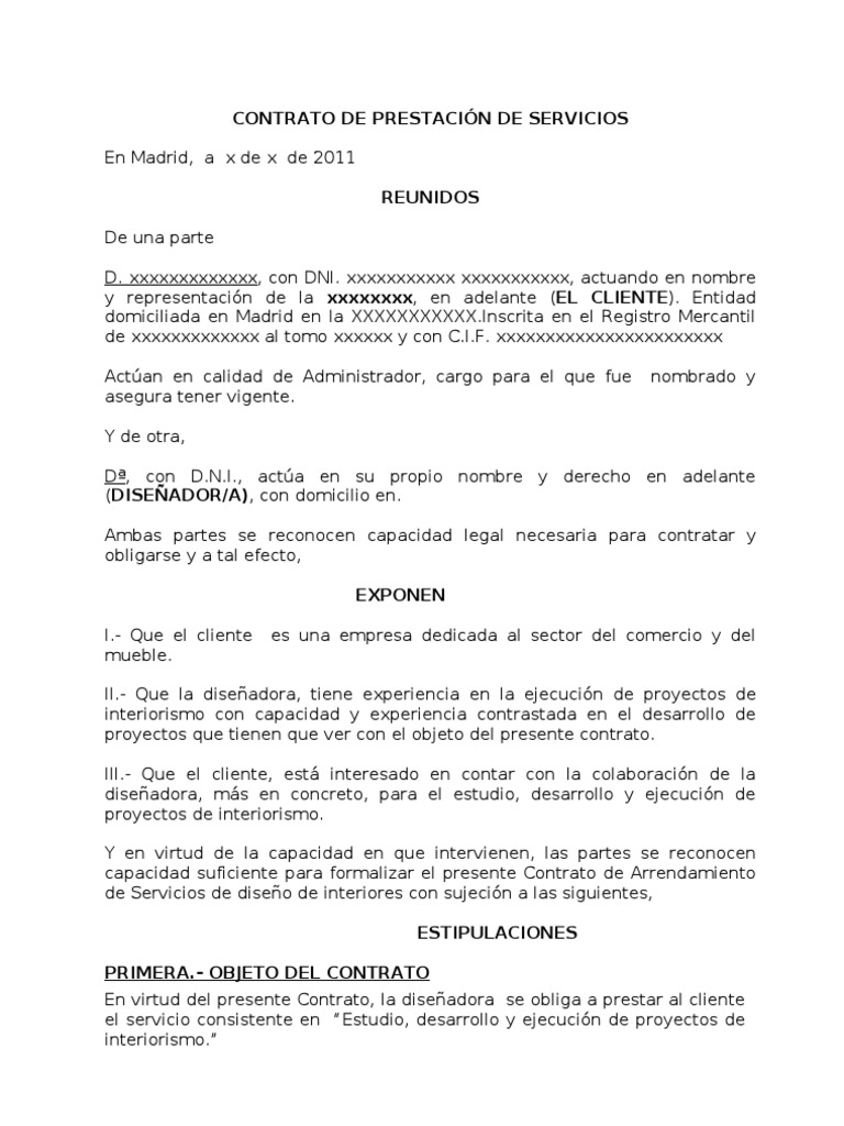 Formulario De Contrato De Diseño De Interiores Oficina De Movilidad