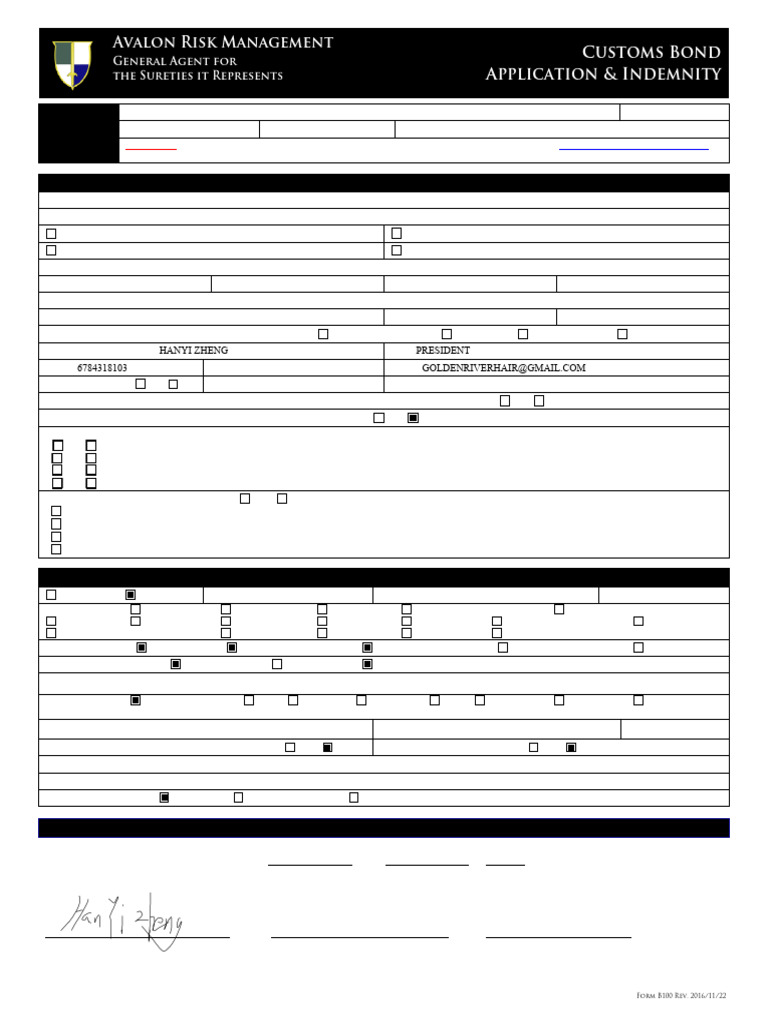 Customs Bond Application Form B100 | PDF | Surety | Indemnity