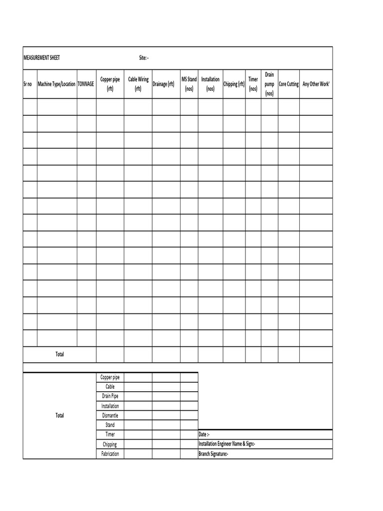 Measurement Sheet for Installation Works | PDF