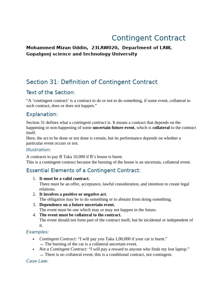 Contingent Contract (Corrected) | PDF | Civil Law (Legal System ...