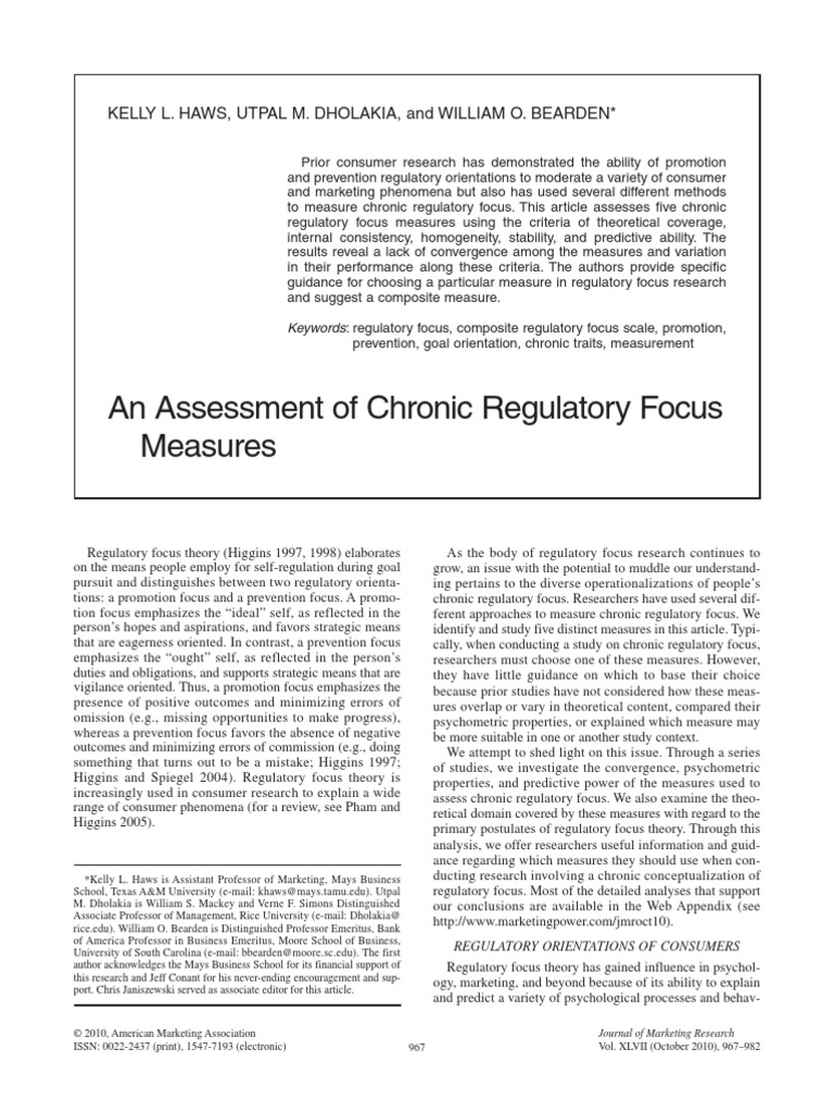 An Assessment of Chronic Regulatory Focus Measures Affect (Psychology