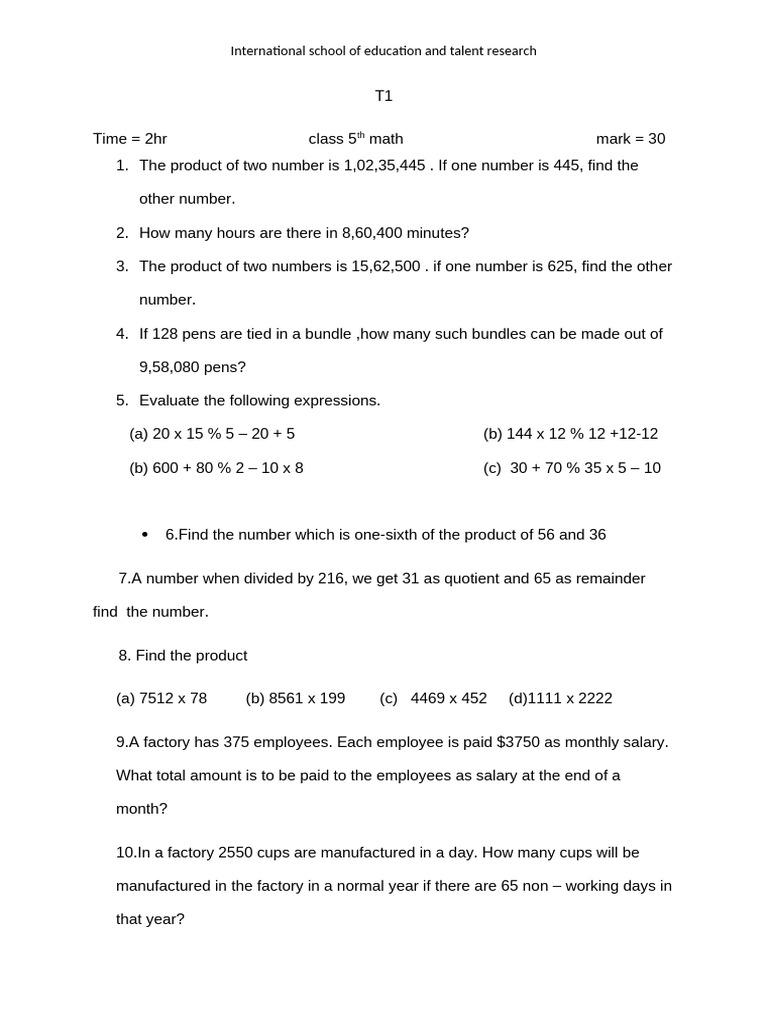 5th Grade Math Problem Set | PDF