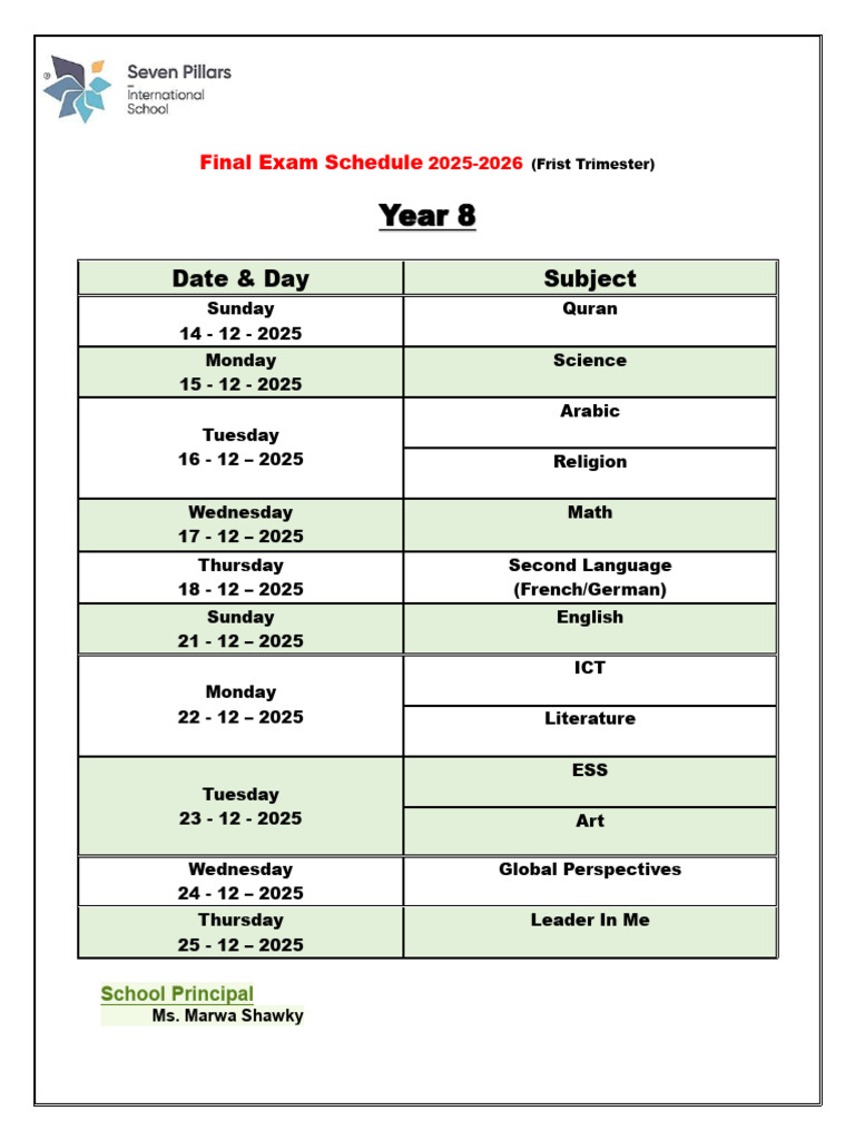 Year 8 Final Exam Schedule 2025-26 | PDF