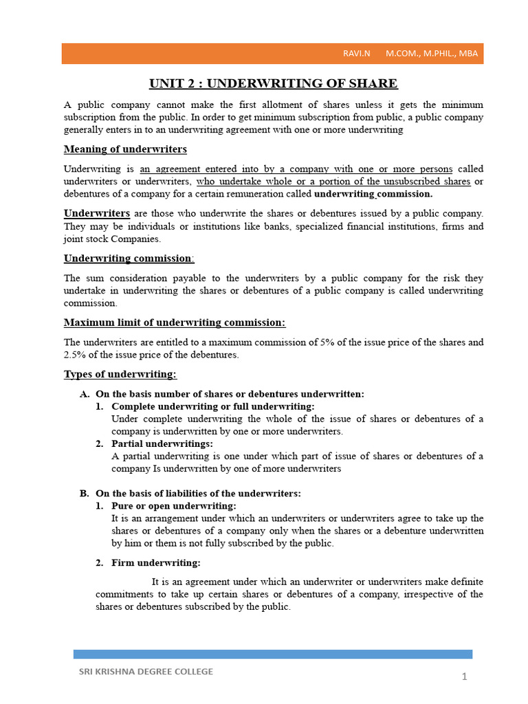 Underwriting of Shares Explained | PDF | Underwriting | Equity (Finance)