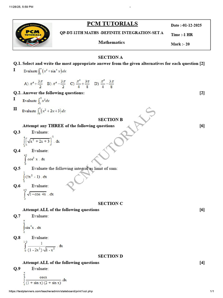 QP DT 12th Maths Definite Integration Set A | PDF