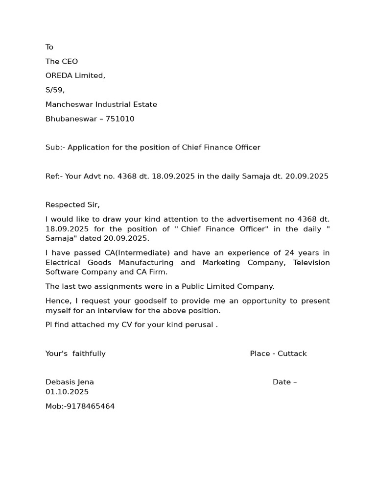 CFO Application Letter by Debasis Jena | PDF