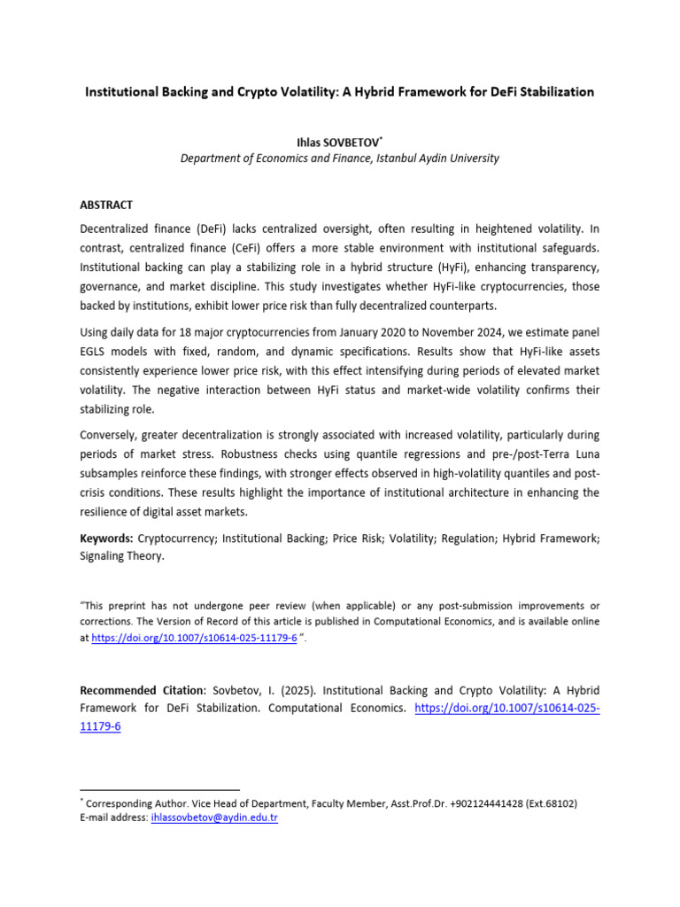 Institutional Backing and Crypto Volatility: A Hybrid Framework For Defi  Stabilization | PDF | Cryptocurrency | Bitcoin