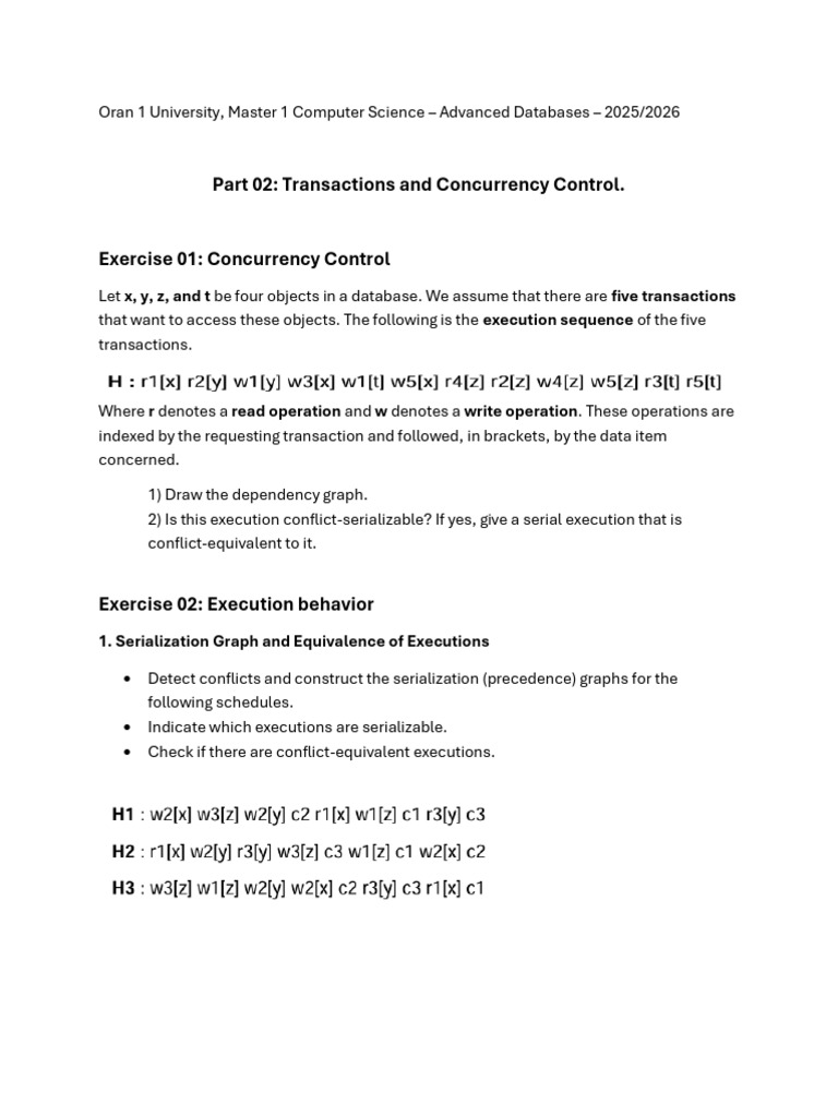 Advanced Databases: Concurrency Control Exercises | PDF