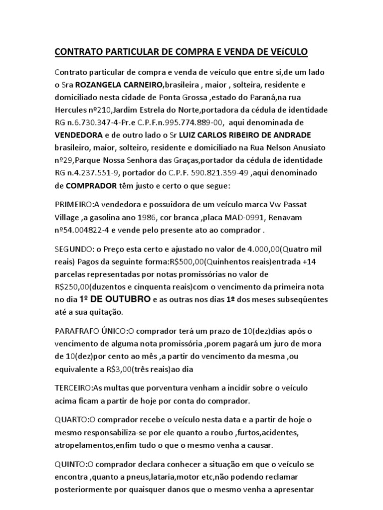 CONTRATO PARTICULAR DE COMPRA E VENDA DE VEíCULO