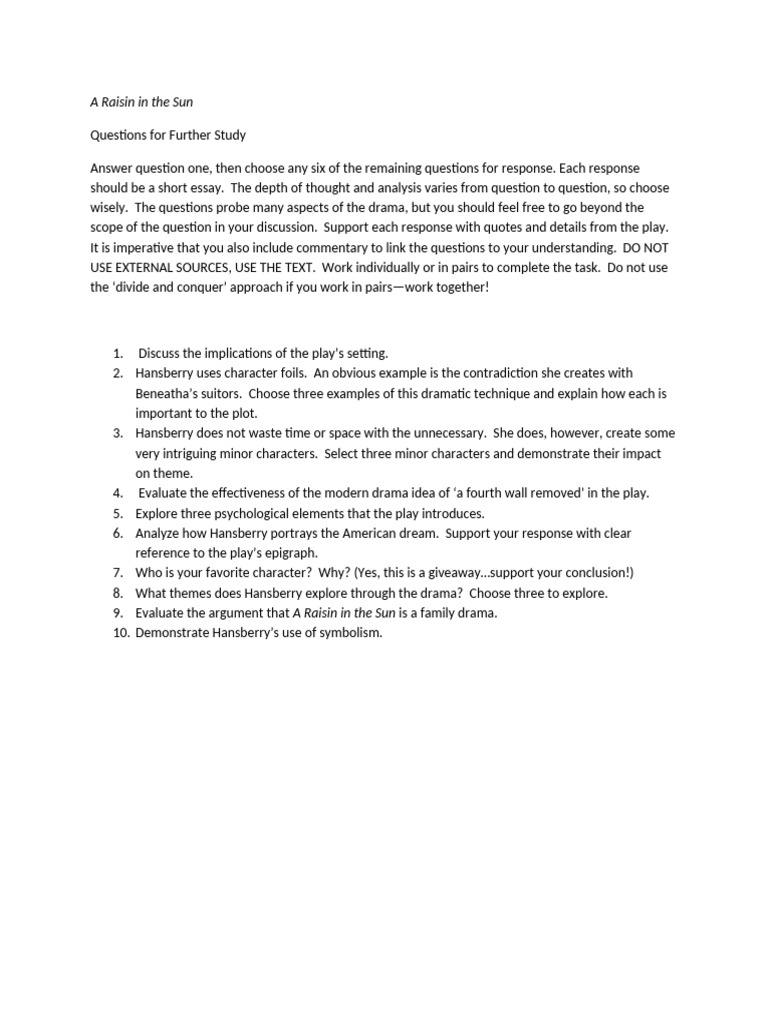 A Raisin in The Sun Questions For Further Study | PDF
