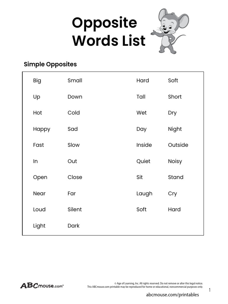 Printable Opposite Words List | PDF