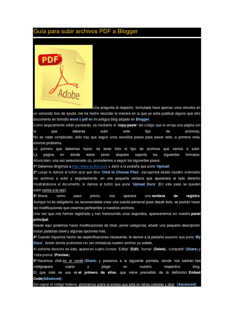 Cómo subir PDFs a Blogger fácilmente | PDF | Formato de Documento ...