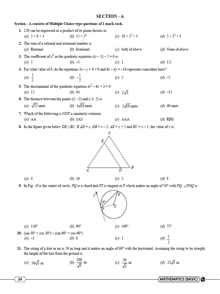 Basic Mathematics Sample Question Paper | PDF | Circle | Quadratic Equation