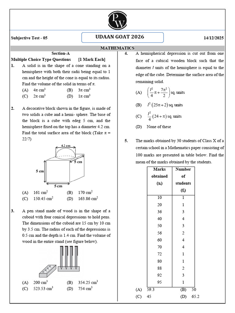 Mathematics Subjective Test 2025 | PDF | Sphere | Mode (Statistics)