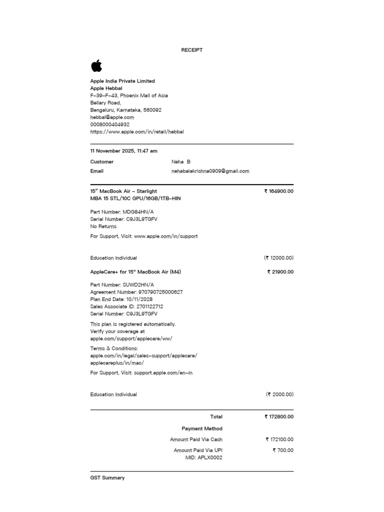 Apple MacBook Air Purchase Receipt | PDF | Apple Inc. | Payments