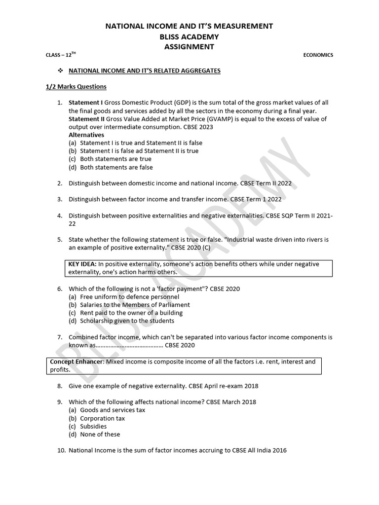 National Income Measurement for Class 12 | PDF | Gross Domestic Product ...