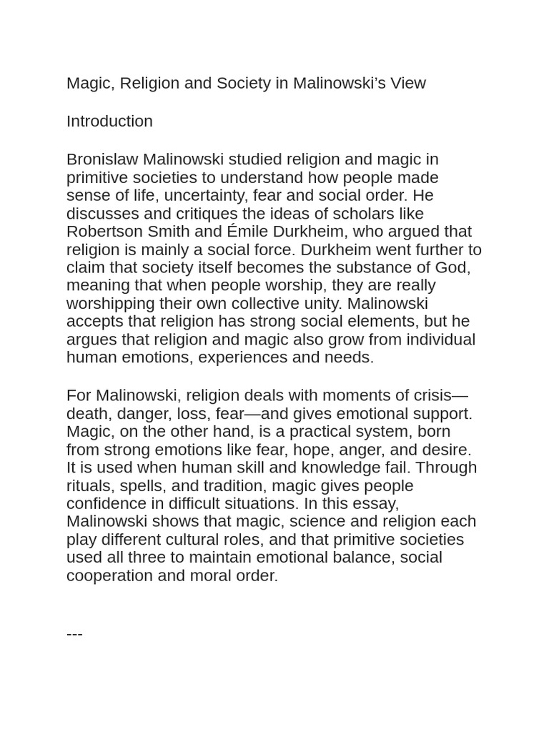 Malinowski on Magic and Primitive Religion | PDF | Rituals | Émile Durkheim